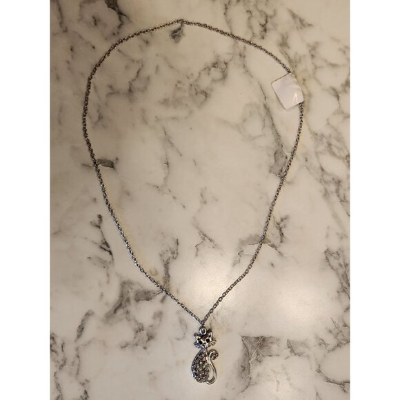 Vintage Cat Pendant Necklace With Rhinestones & Silver Tone Chain - Picture 2 of 4